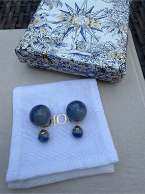 Authentic Christian Dior Tribal Earrings - Blue Marble Effect
